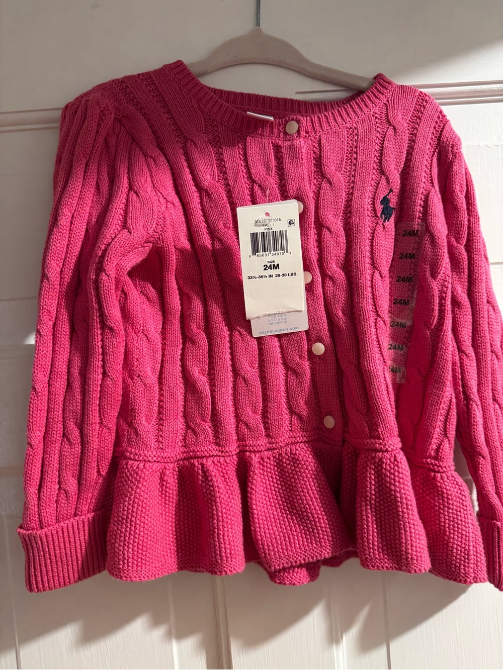 Ralph Lauren Hot Pink Cable Knit Cardigan with Polo Logo